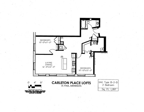 Floor plan for 2 beds, 2 baths, 1087 sqft